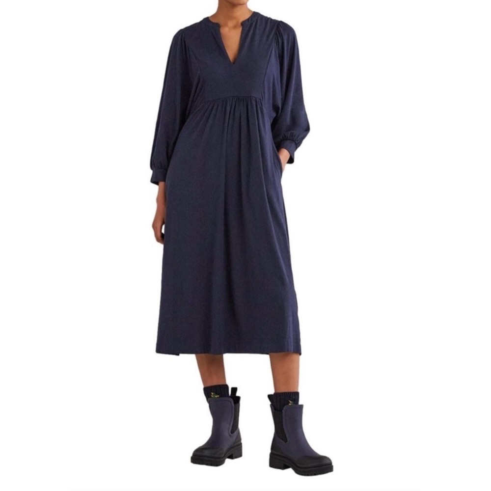 Boden Navy Blue Modal Cotton Jersey V-Neck Midi Dress US 6R